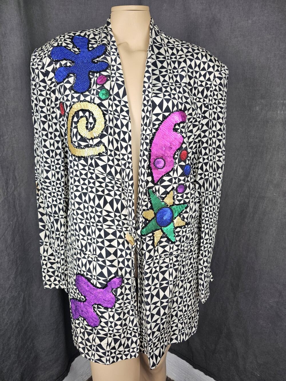 Vtg 100% Silk Geometric Blazer Sequin Jacket Patchwork Abstract Art Large 80 90s